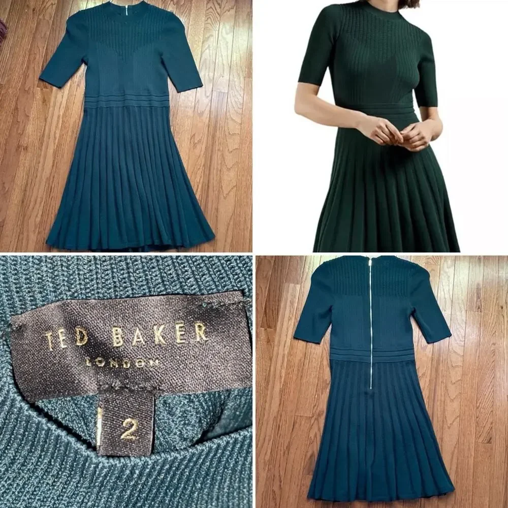 Ted Baker $289 Olivinn Stitch Detail Sweater Dress Green Pleated Skirt TB2 =US 6